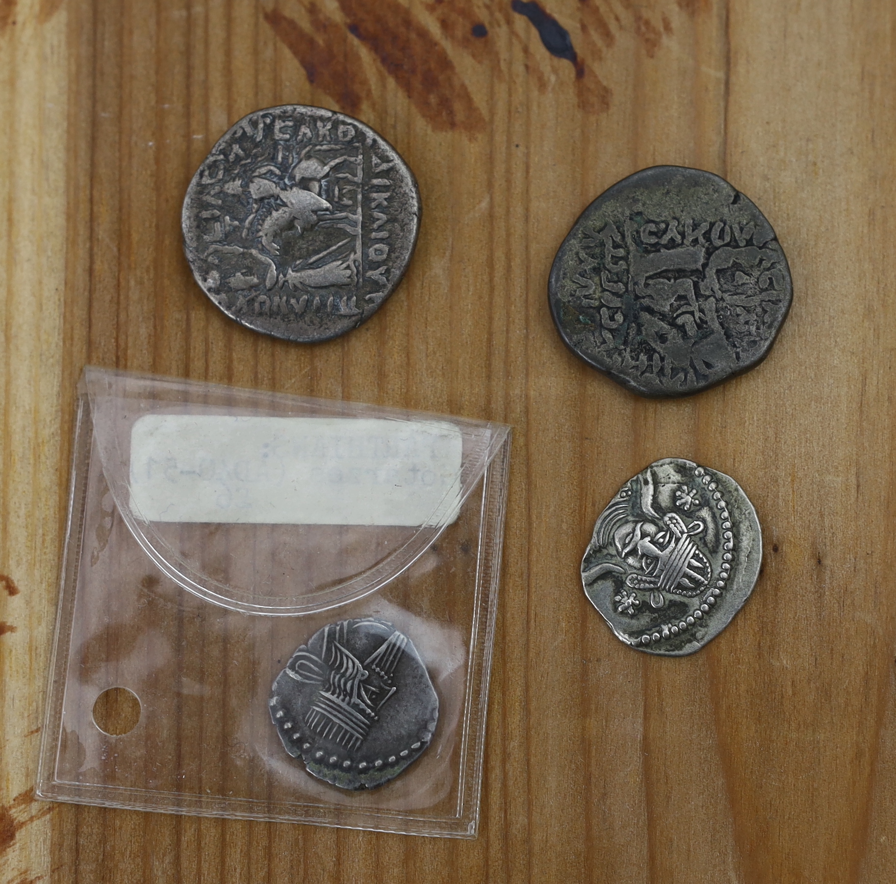 Kings of Parthia (247BC-224AD), Artabanus II tetradrachm, 13.7g, Gotarzes II drachm, 3.7g, Vonones II drachm, 3.7g and a worn tetradrachm (4)